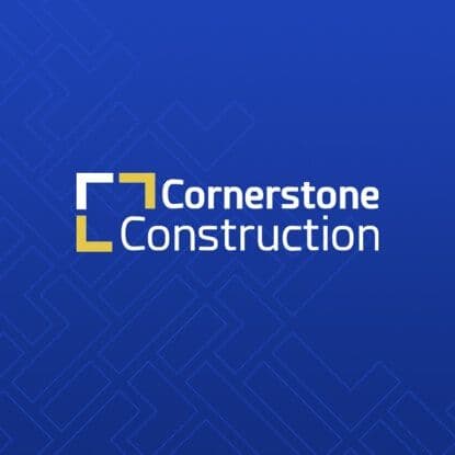 The Cornerstone Construction logo on a blue background.