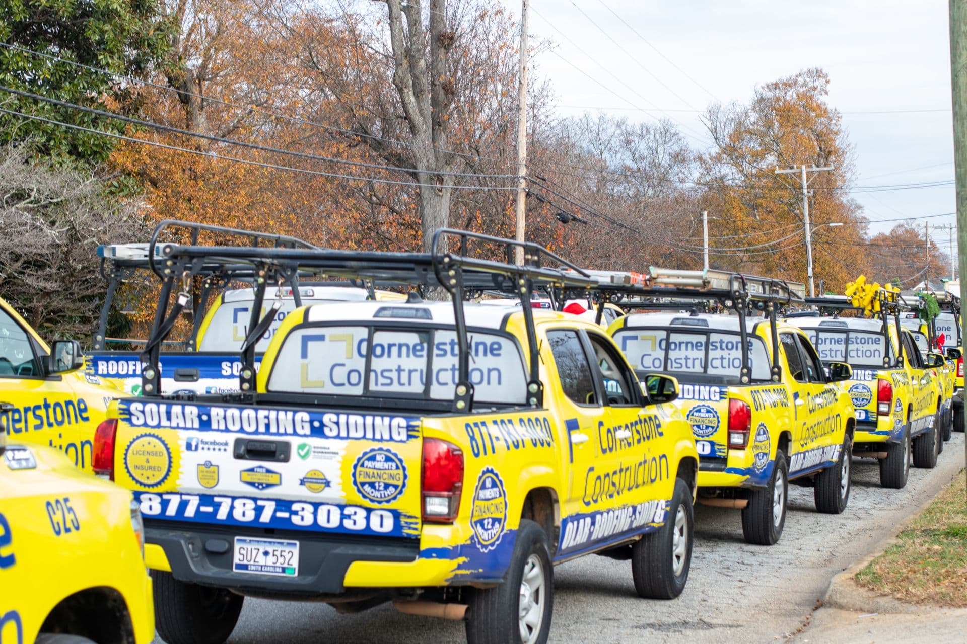 Lines of Cornerstone Construction trucks.