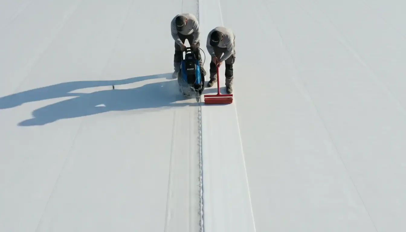 Workers install commercial roofing.