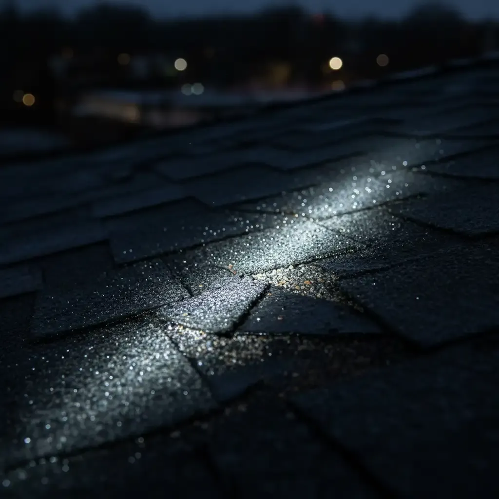 A close-up of damaged shingle roofing at night.