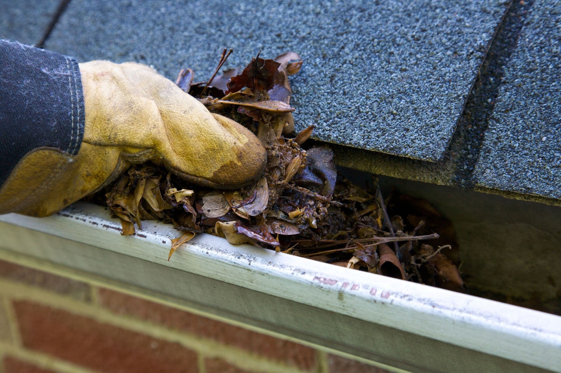 Close up of someone cleaning house gutters.