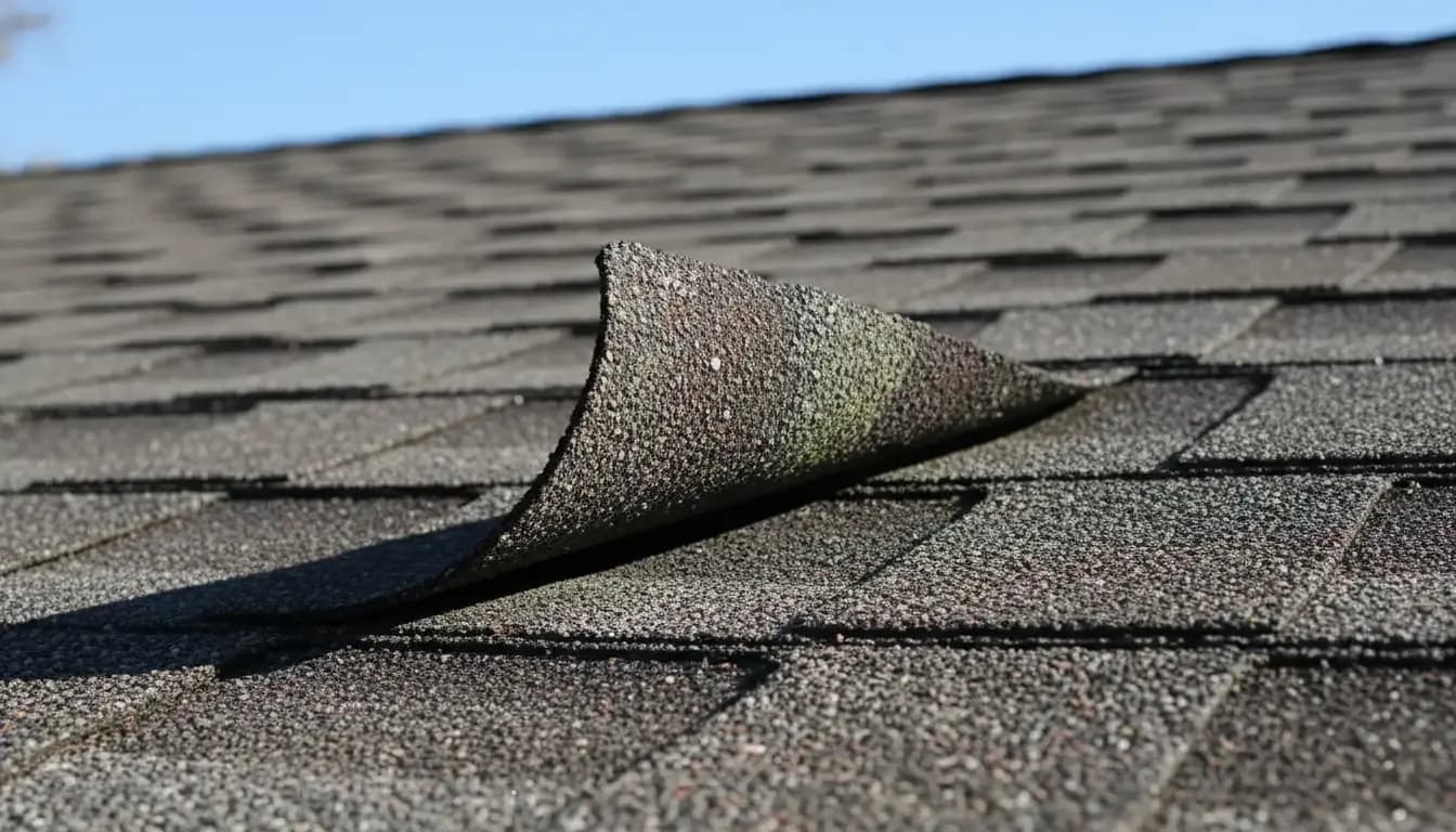 A close-up of a peeling roofing shingle.