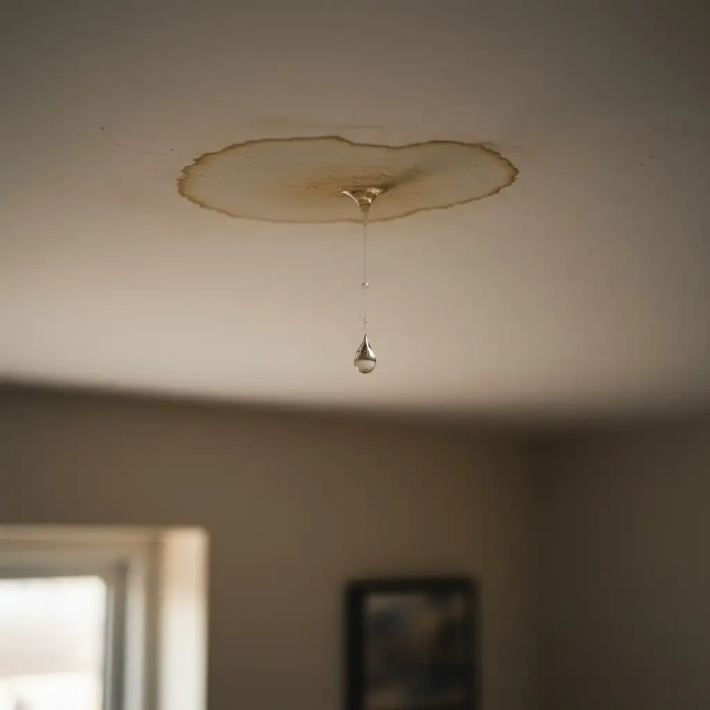 Water drips from a leak in a ceiling.