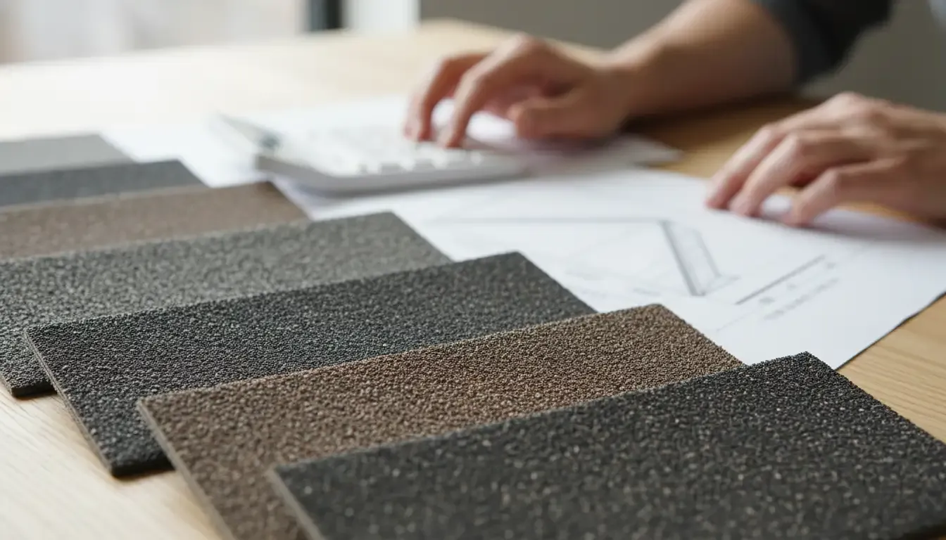 Swatches of different roofing shingles laid out on a table.