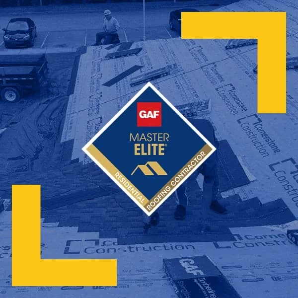 A badge from GAF for a Master Elite Residential Roofing Contractor.