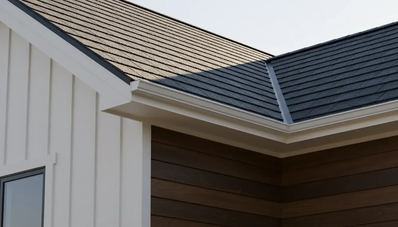 Newly-installed black shingles roofing.