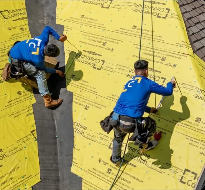 Two Cornerstone Construction workers install new roofing.